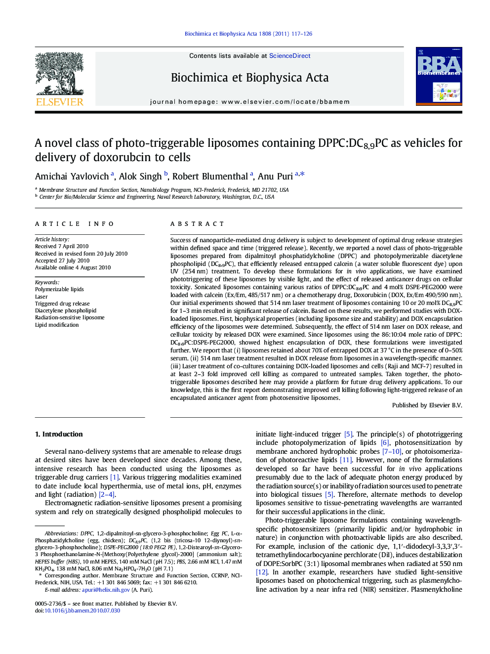 A novel class of photo-triggerable liposomes containing DPPC:DC8,9PC as vehicles for delivery of doxorubcin to cells