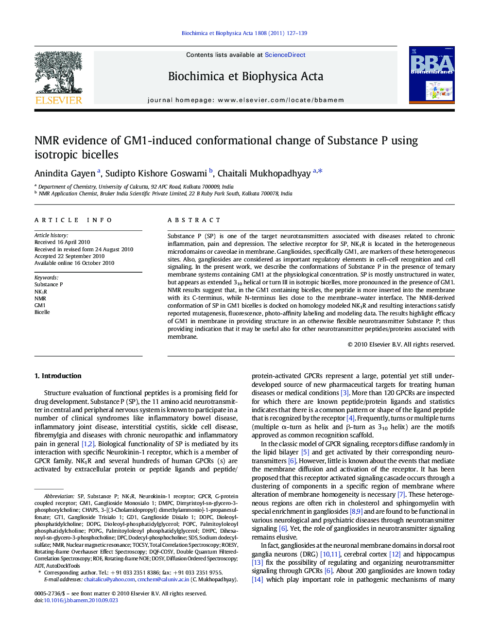 NMR evidence of GM1-induced conformational change of Substance P using isotropic bicelles