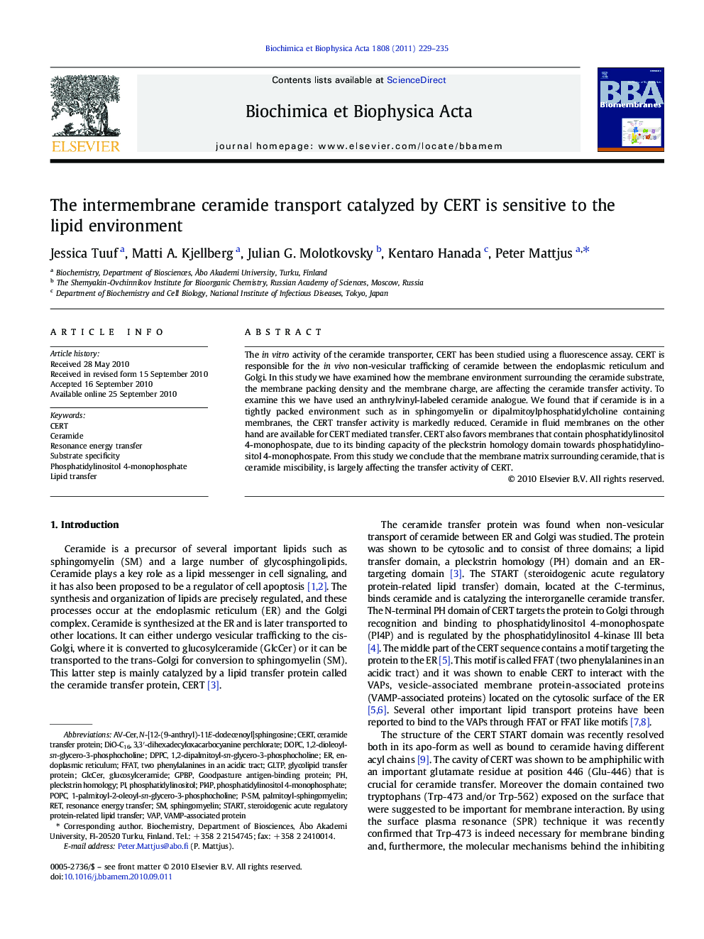 The intermembrane ceramide transport catalyzed by CERT is sensitive to the lipid environment