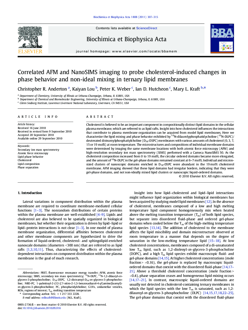 Correlated AFM and NanoSIMS imaging to probe cholesterol-induced changes in phase behavior and non-ideal mixing in ternary lipid membranes