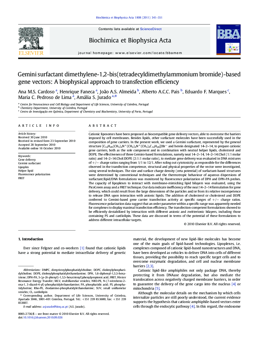 Gemini surfactant dimethylene-1,2-bis(tetradecyldimethylammonium bromide)-based gene vectors: A biophysical approach to transfection efficiency