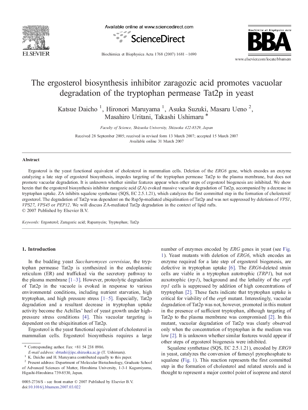 The ergosterol biosynthesis inhibitor zaragozic acid promotes vacuolar degradation of the tryptophan permease Tat2p in yeast