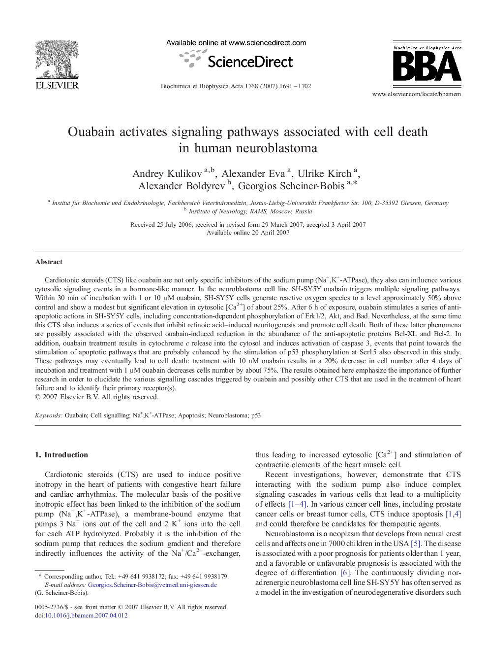 Ouabain activates signaling pathways associated with cell death in human neuroblastoma