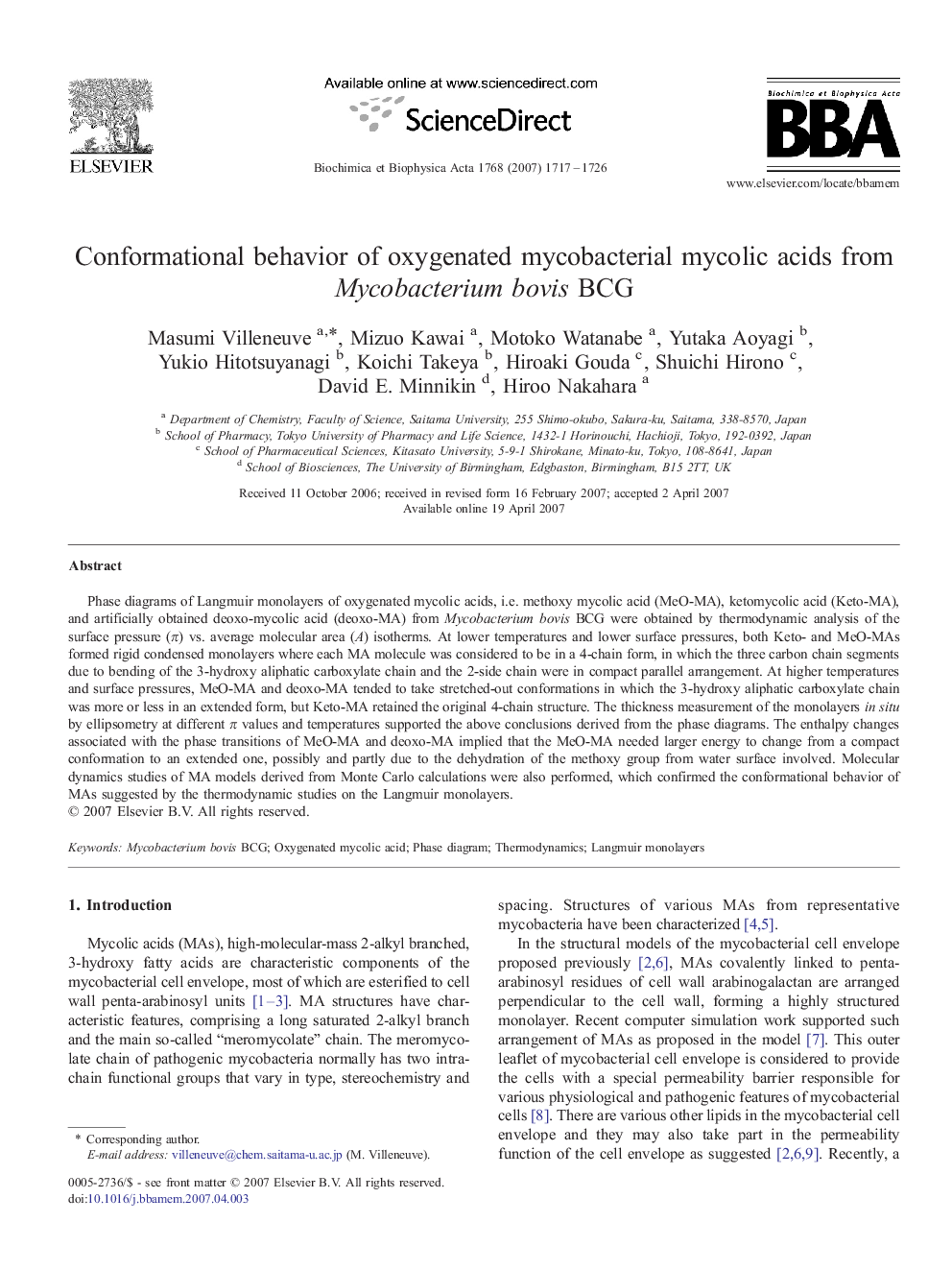 Conformational behavior of oxygenated mycobacterial mycolic acids from Mycobacterium bovis BCG