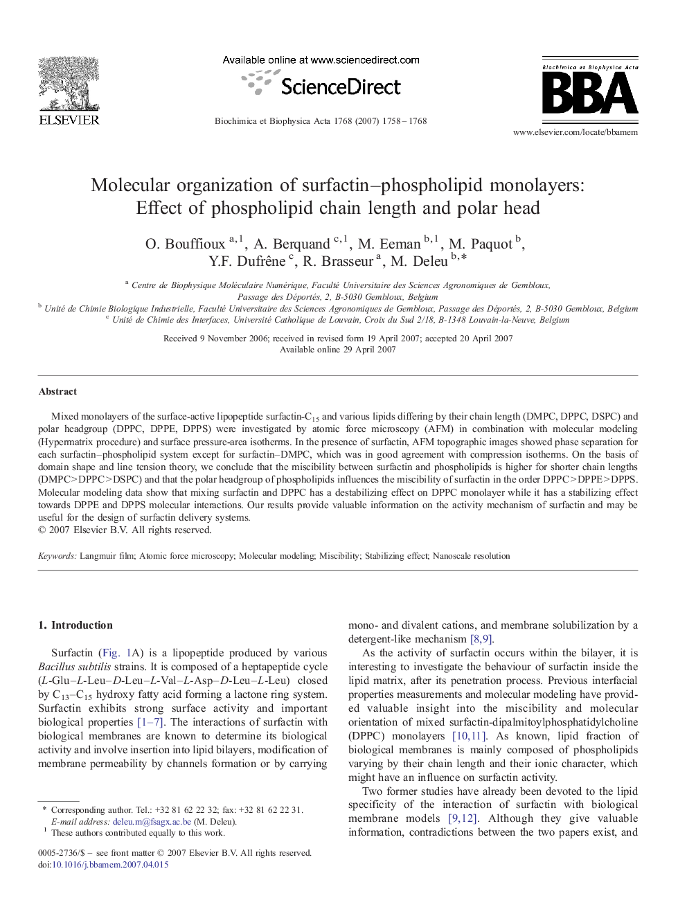 Molecular organization of surfactin-phospholipid monolayers: Effect of phospholipid chain length and polar head