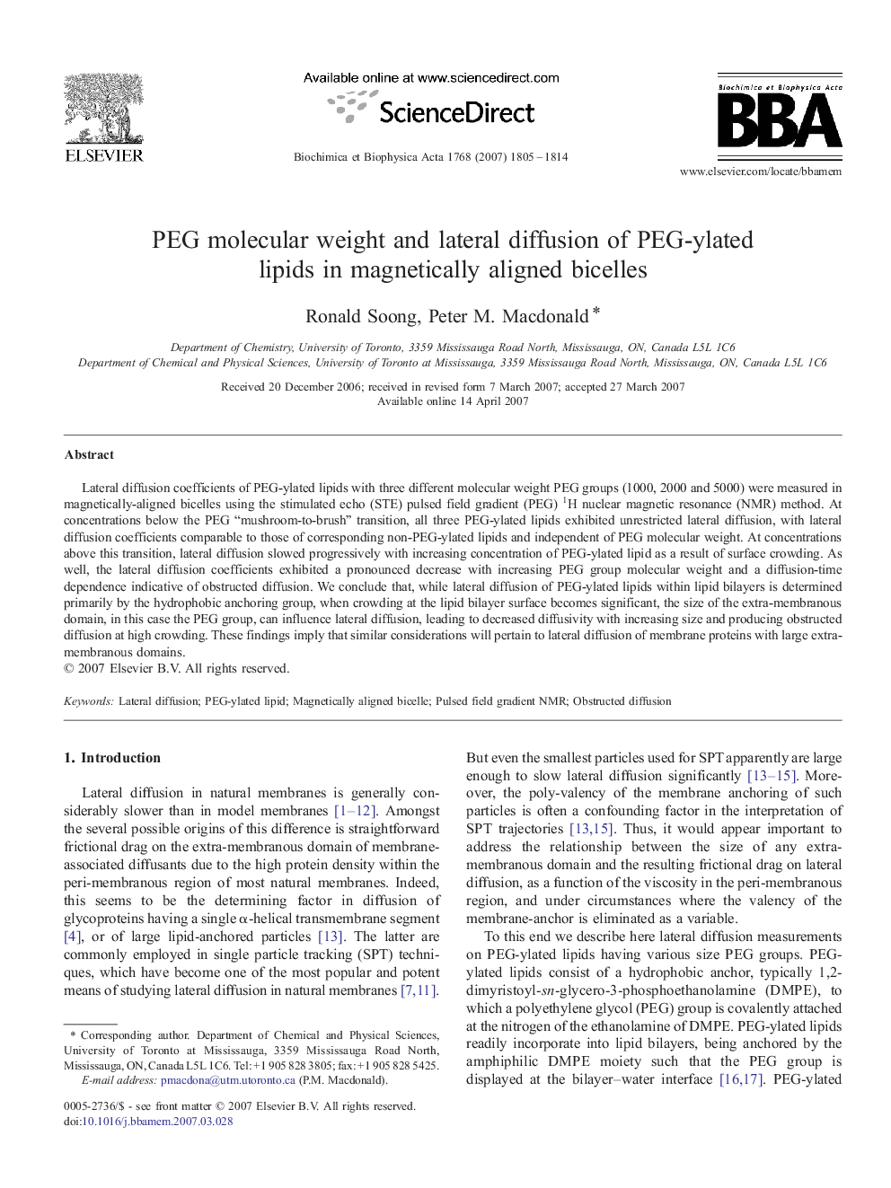 PEG molecular weight and lateral diffusion of PEG-ylated lipids in magnetically aligned bicelles