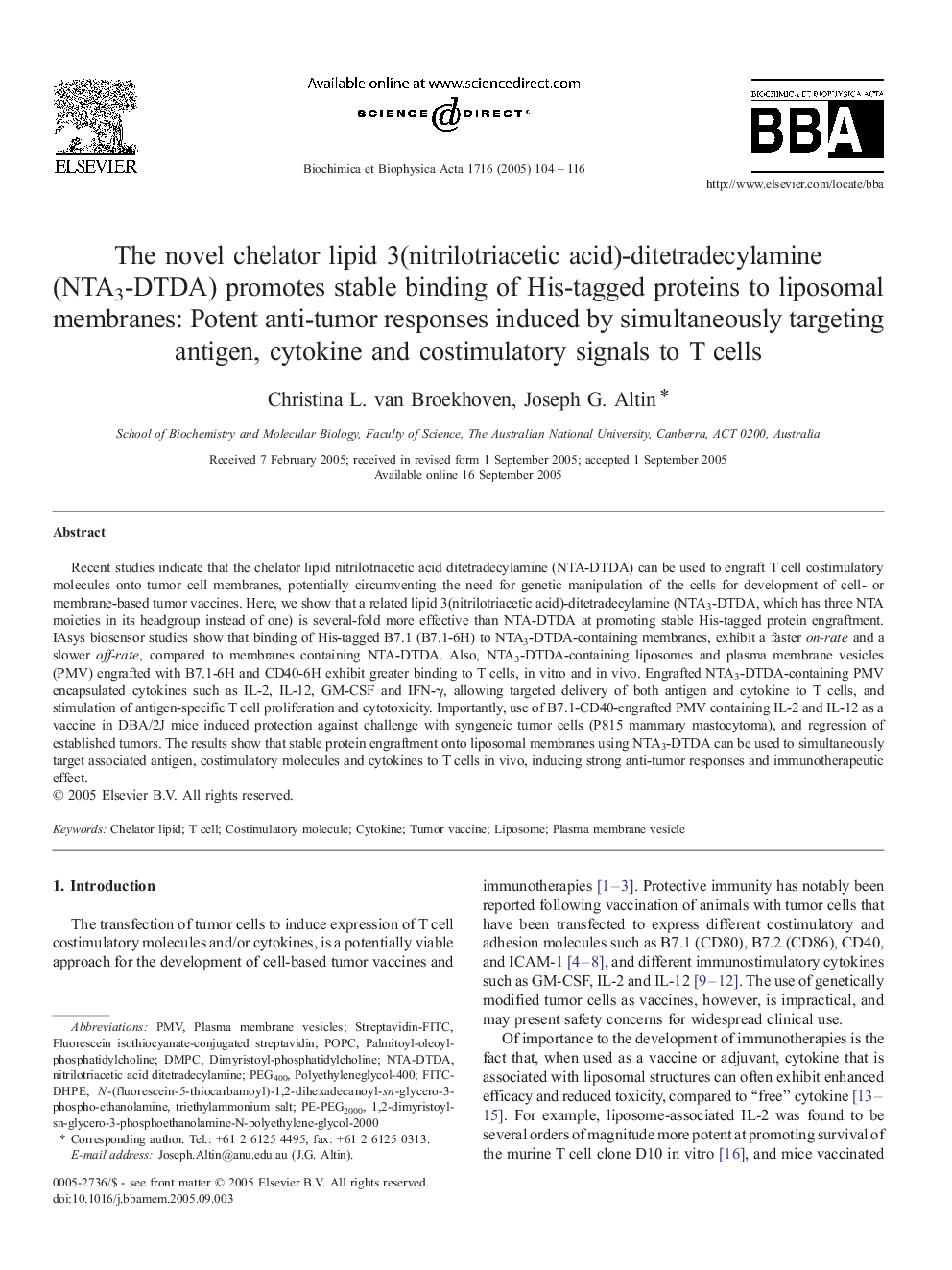 The novel chelator lipid 3(nitrilotriacetic acid)-ditetradecylamine (NTA3-DTDA) promotes stable binding of His-tagged proteins to liposomal membranes: Potent anti-tumor responses induced by simultaneously targeting antigen, cytokine and costimulatory sign