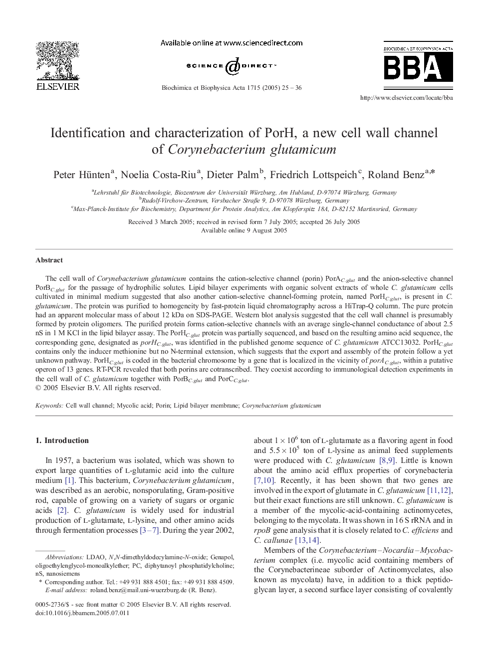 Identification and characterization of PorH, a new cell wall channel of Corynebacterium glutamicum