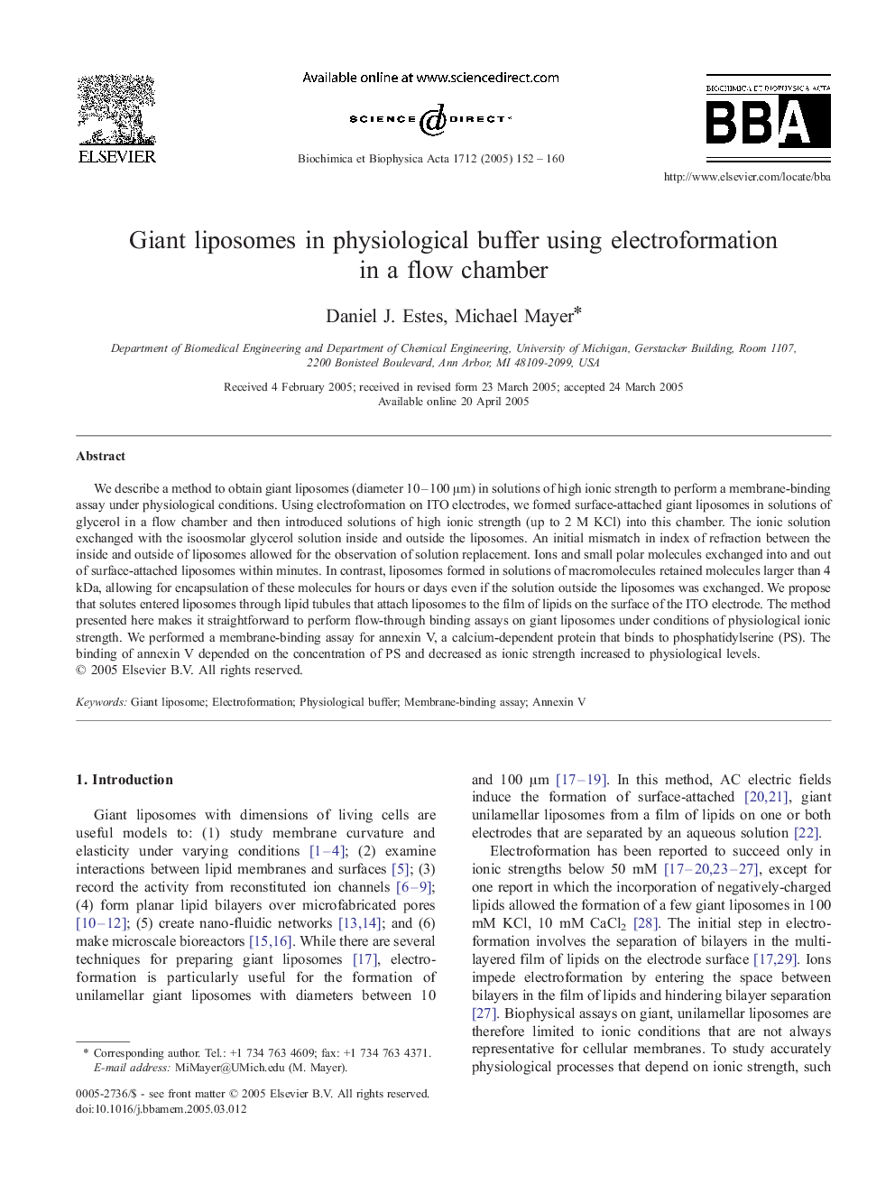 Giant liposomes in physiological buffer using electroformation in a flow chamber