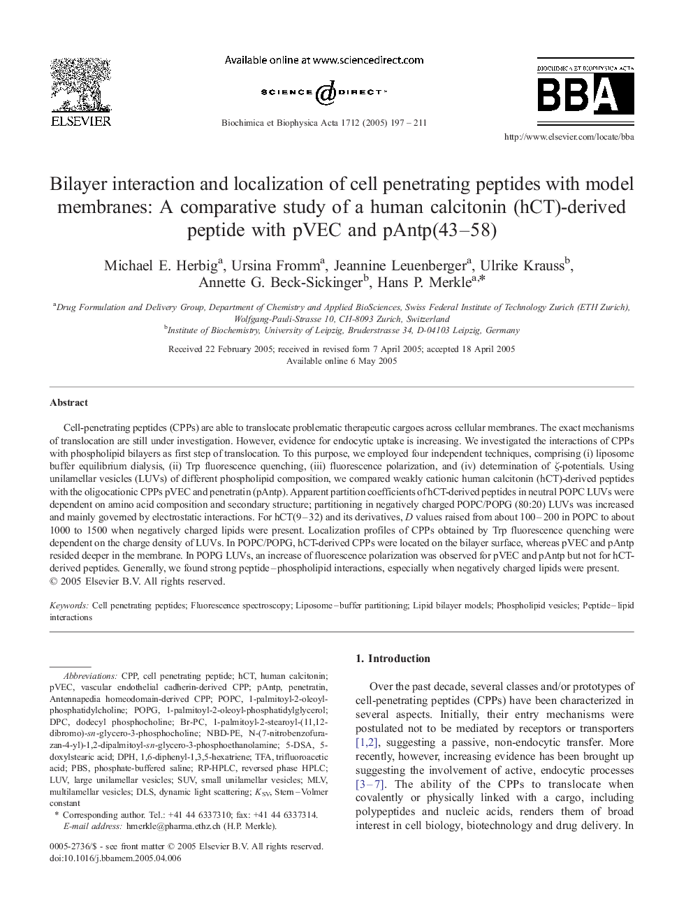 Bilayer interaction and localization of cell penetrating peptides with model membranes: A comparative study of a human calcitonin (hCT)-derived peptide with pVEC and pAntp(43-58)