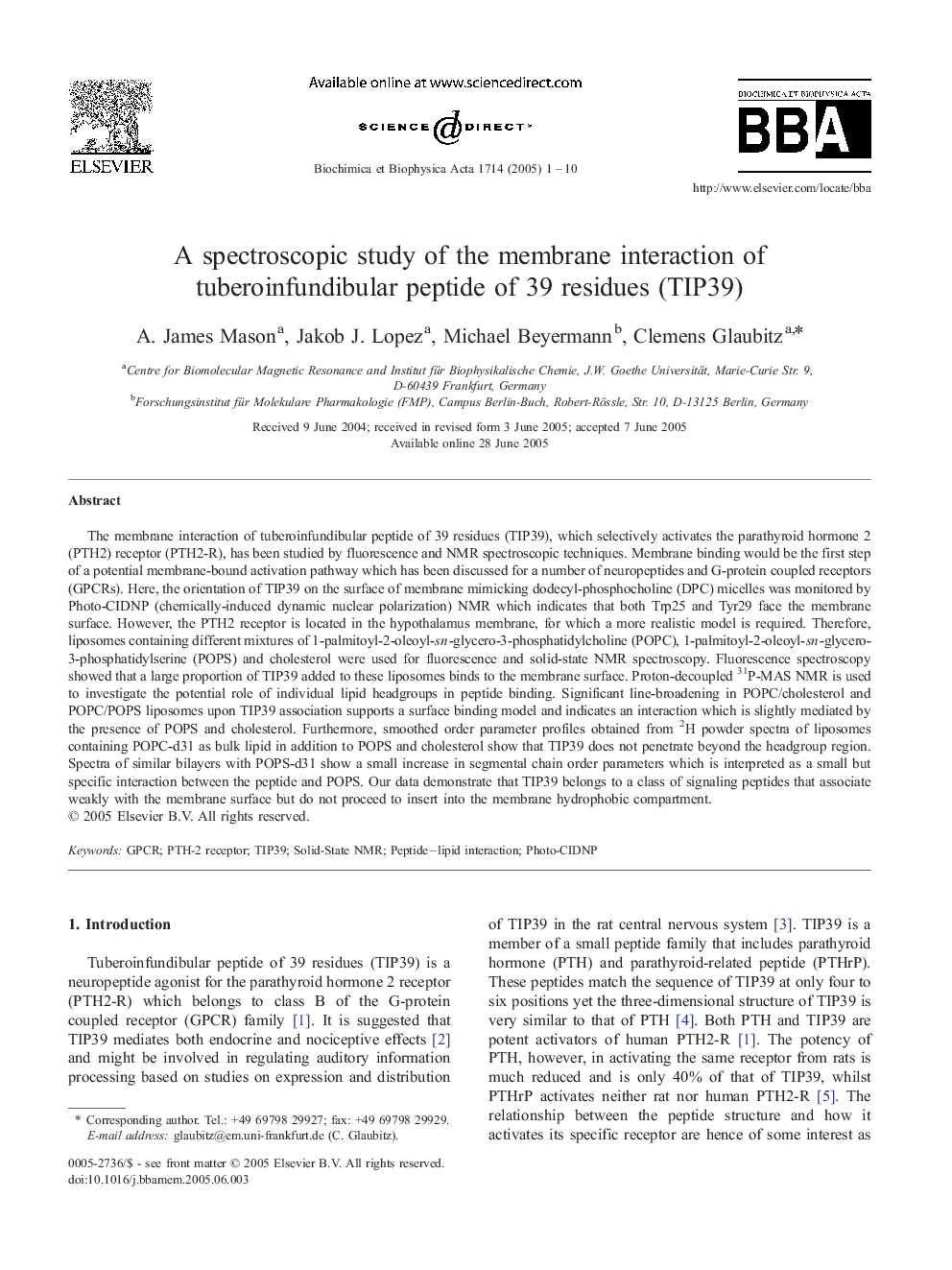 A spectroscopic study of the membrane interaction of tuberoinfundibular peptide of 39 residues (TIP39)