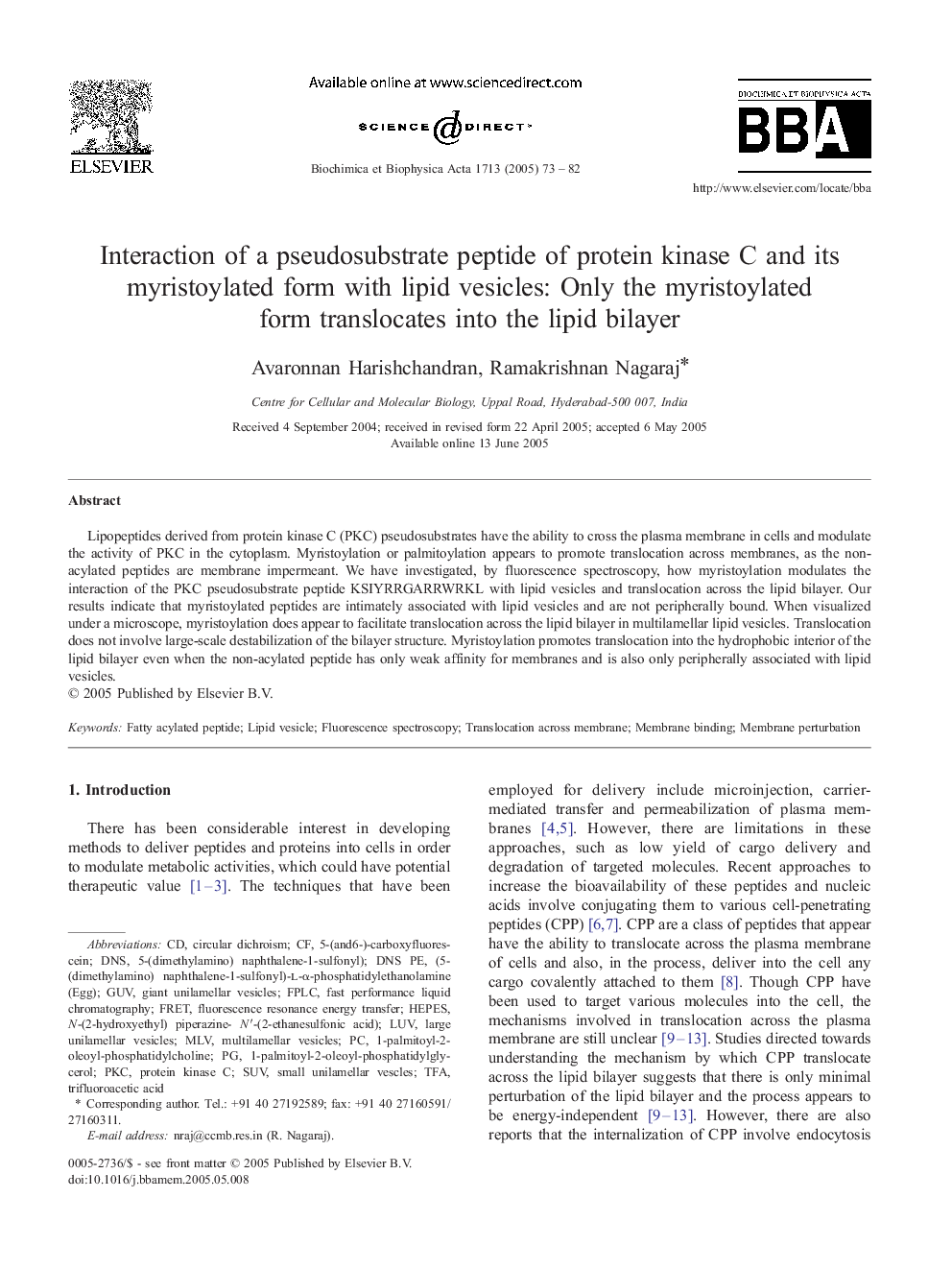 Interaction of a pseudosubstrate peptide of protein kinase C and its myristoylated form with lipid vesicles: Only the myristoylated form translocates into the lipid bilayer