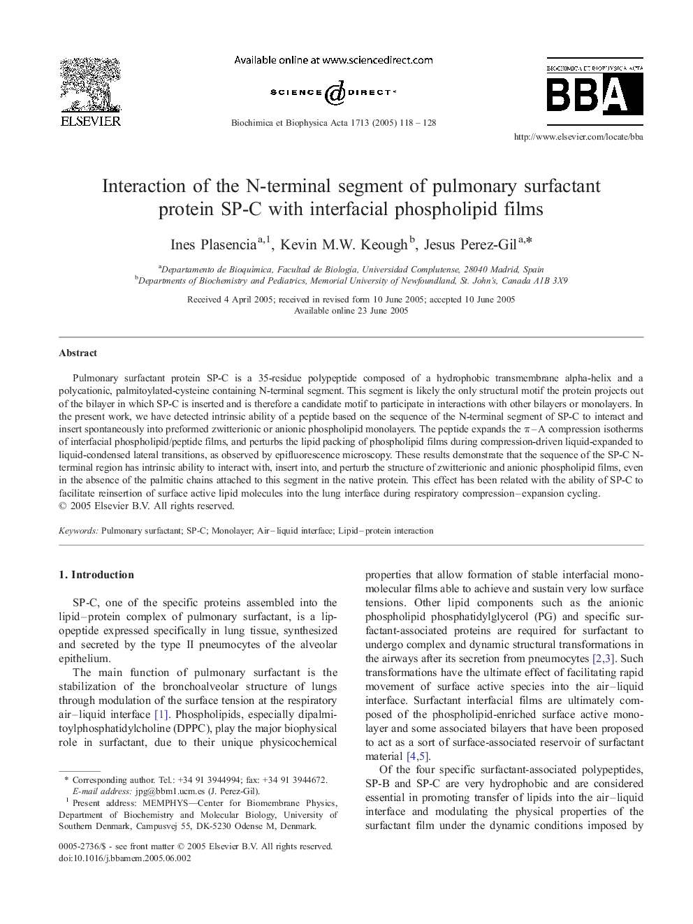 Interaction of the N-terminal segment of pulmonary surfactant protein SP-C with interfacial phospholipid films