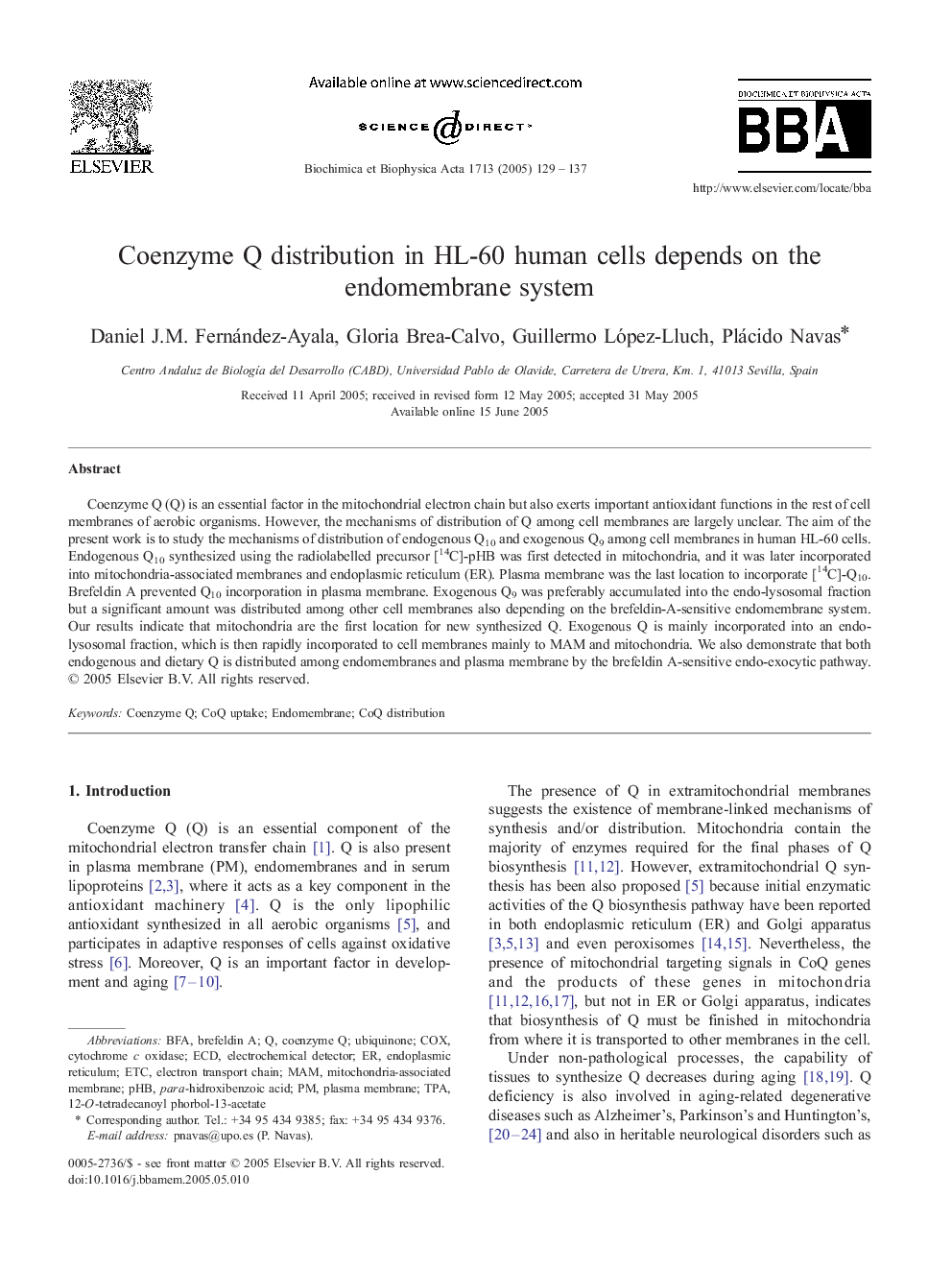 Coenzyme Q distribution in HL-60 human cells depends on the endomembrane system