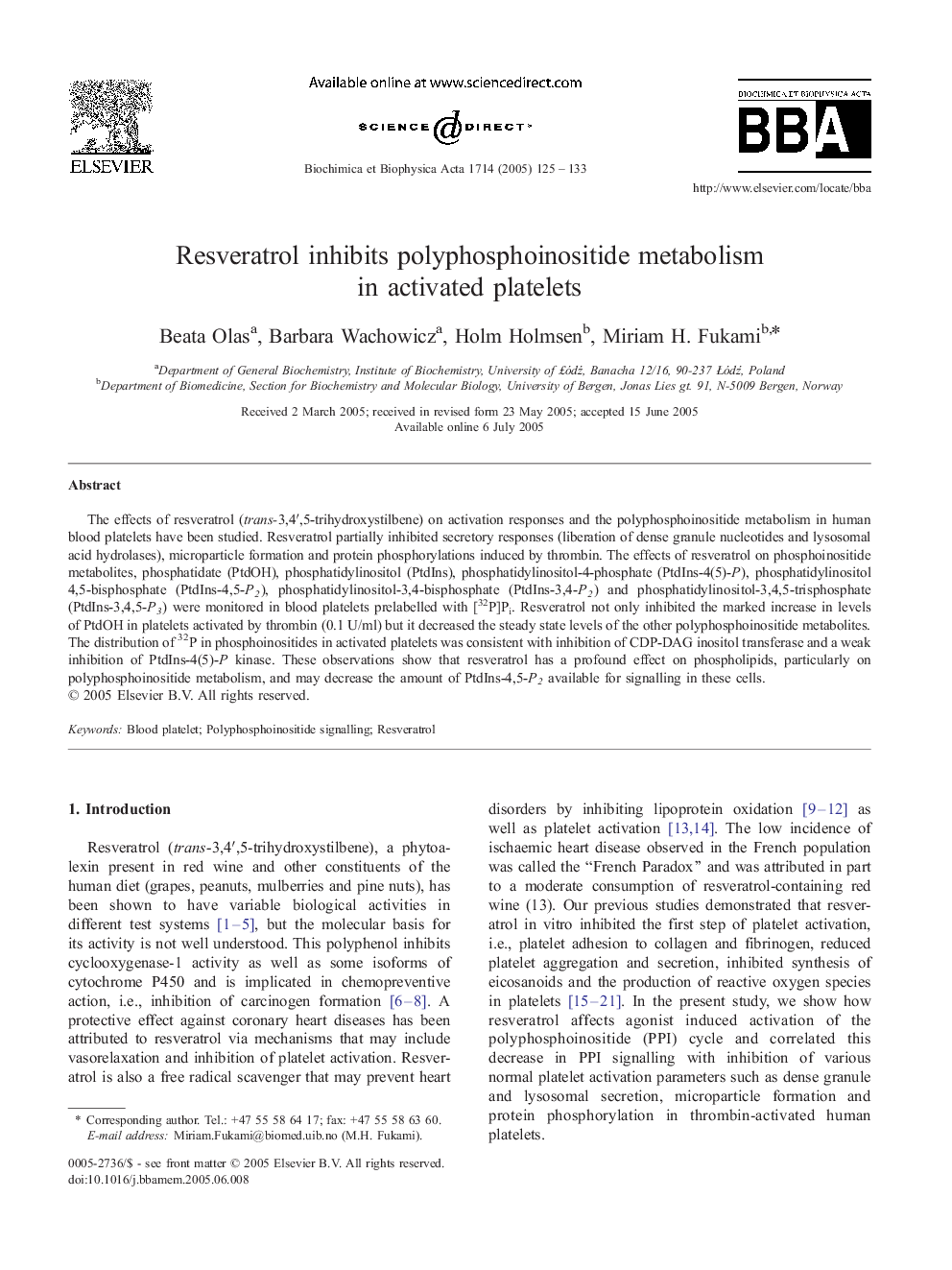 Resveratrol inhibits polyphosphoinositide metabolism in activated platelets