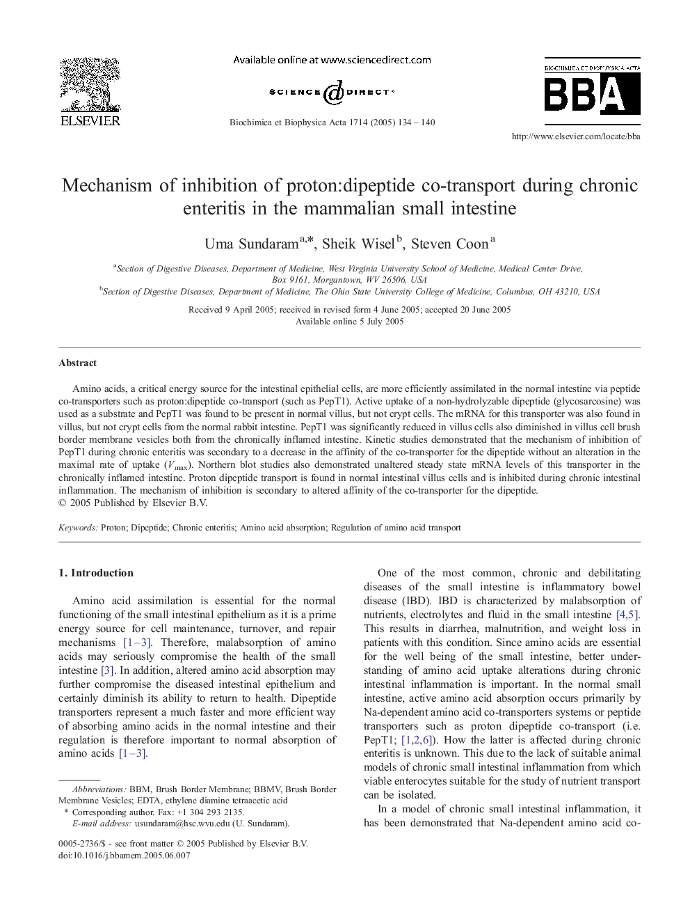 Mechanism of inhibition of proton: Dipeptide co-transport during chronic enteritis in the mammalian small intestine