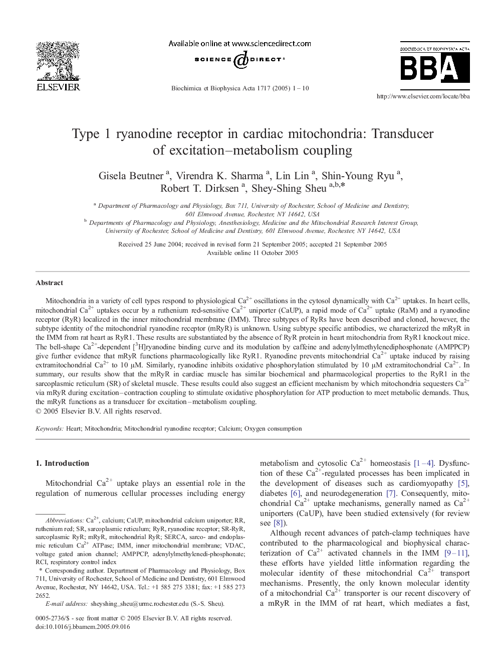 Type 1 ryanodine receptor in cardiac mitochondria: Transducer of excitation-metabolism coupling