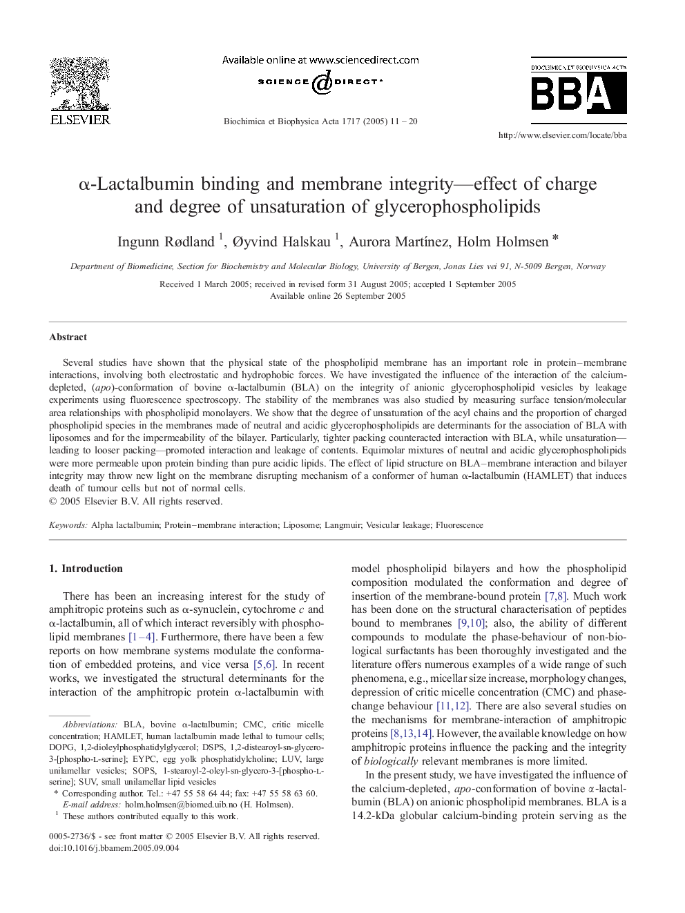 Î±-Lactalbumin binding and membrane integrity-effect of charge and degree of unsaturation of glycerophospholipids