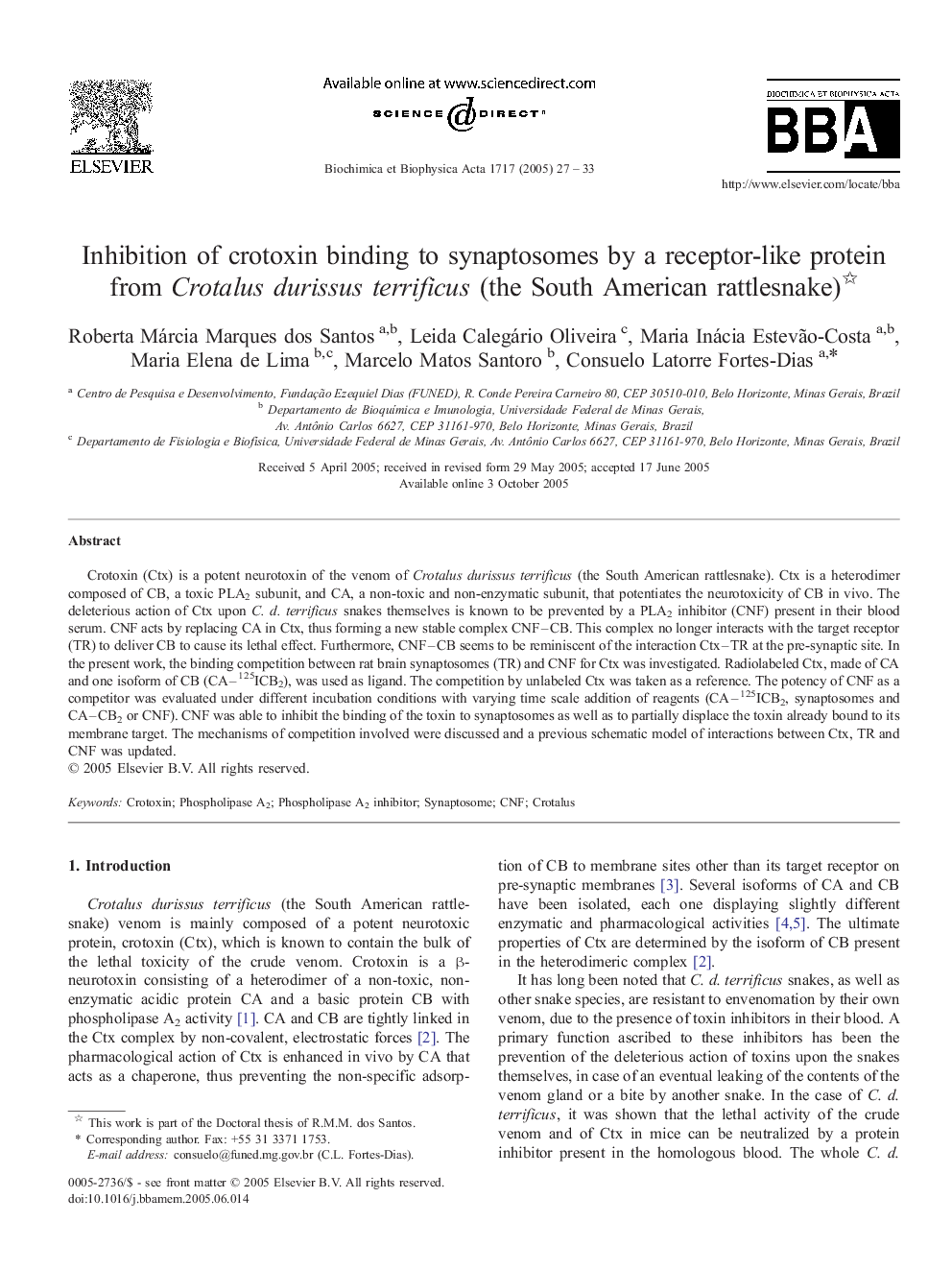 Inhibition of crotoxin binding to synaptosomes by a receptor-like protein from Crotalus durissus terrificus (the South American rattlesnake)