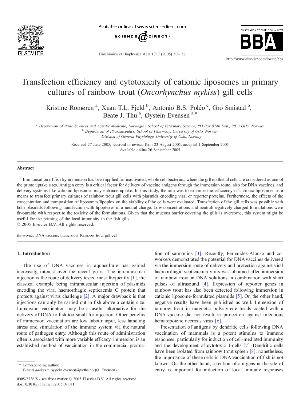 Transfection efficiency and cytotoxicity of cationic liposomes in primary cultures of rainbow trout (Oncorhynchus mykiss) gill cells