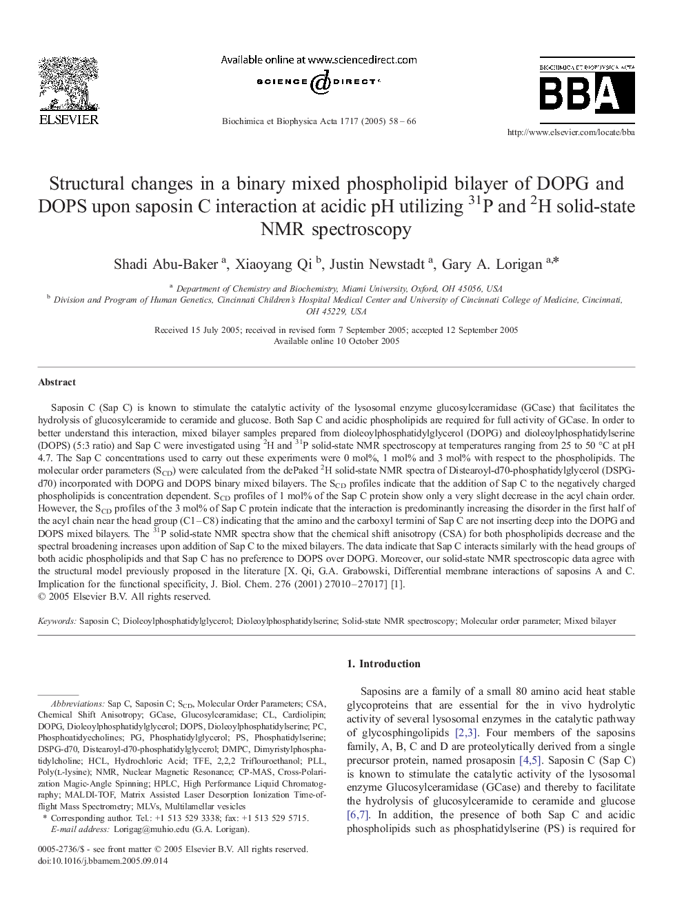 Structural changes in a binary mixed phospholipid bilayer of DOPG and DOPS upon saposin C interaction at acidic pH utilizing 31P and 2H solid-state NMR spectroscopy