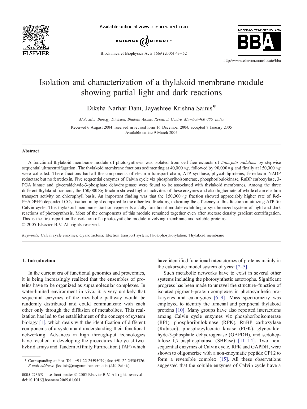 Isolation and characterization of a thylakoid membrane module showing partial light and dark reactions