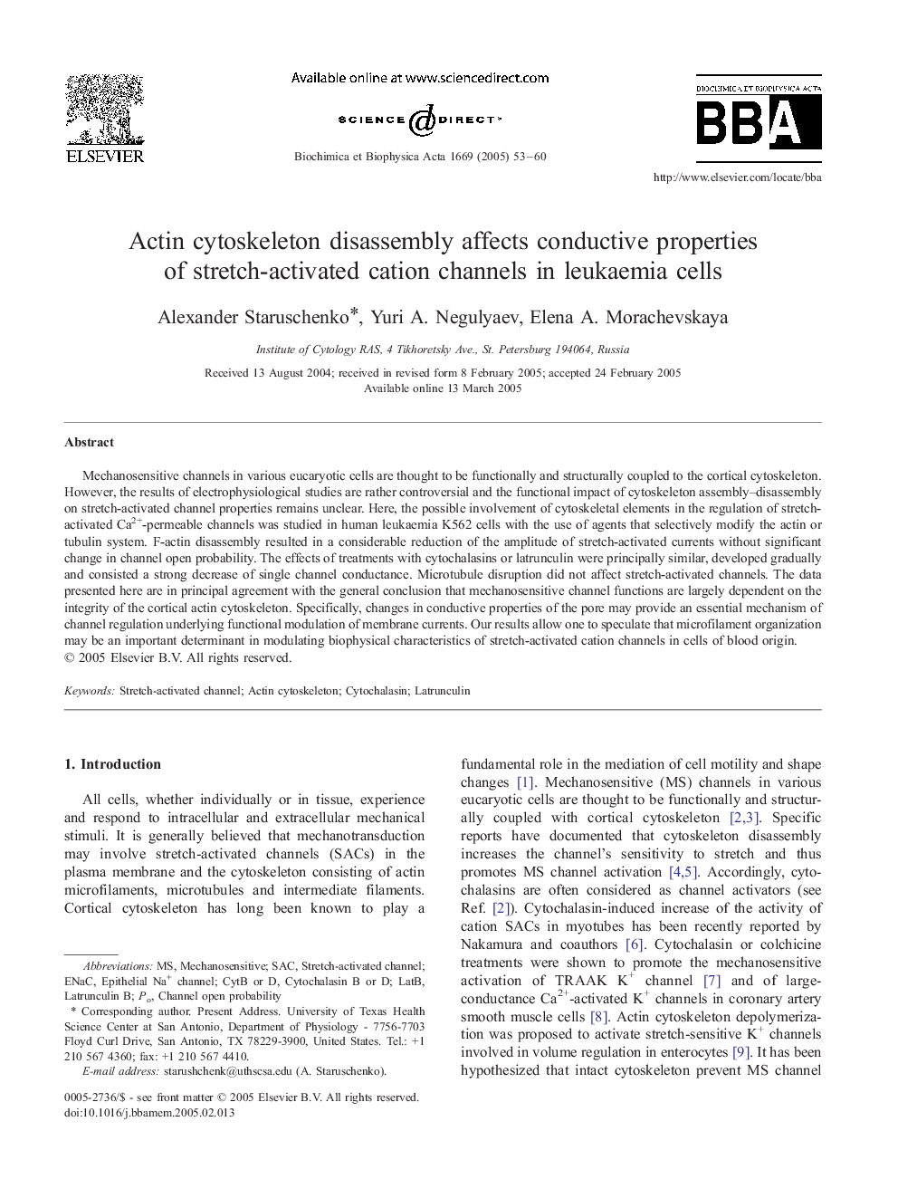 Actin cytoskeleton disassembly affects conductive properties of stretch-activated cation channels in leukaemia cells