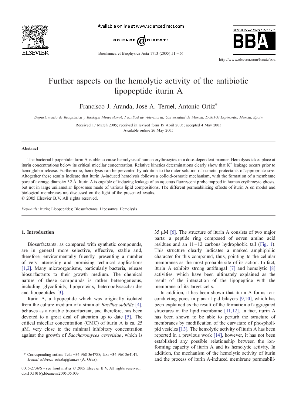 Further aspects on the hemolytic activity of the antibiotic lipopeptide iturin A