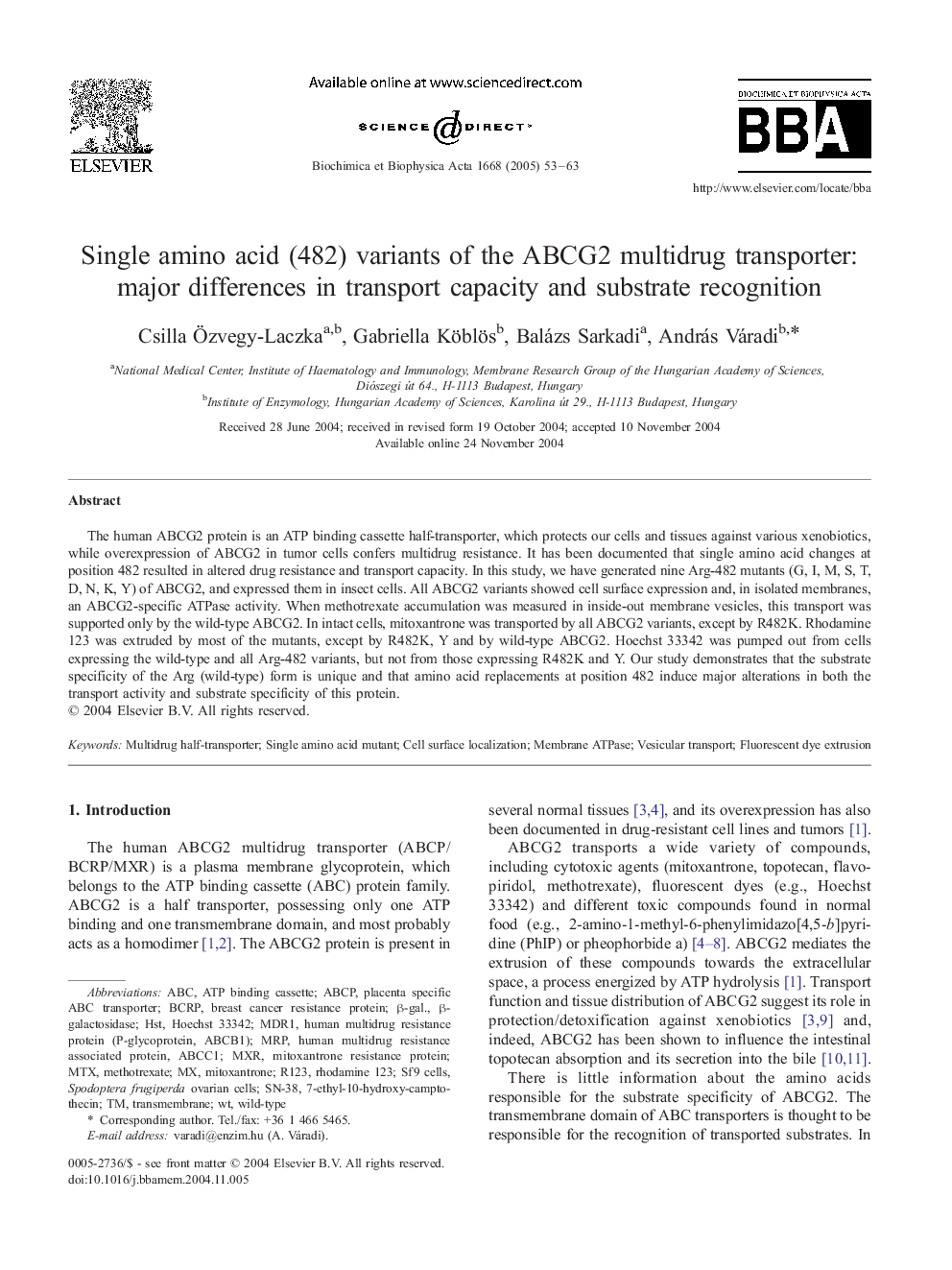 Single amino acid (482) variants of the ABCG2 multidrug transporter: major differences in transport capacity and substrate recognition