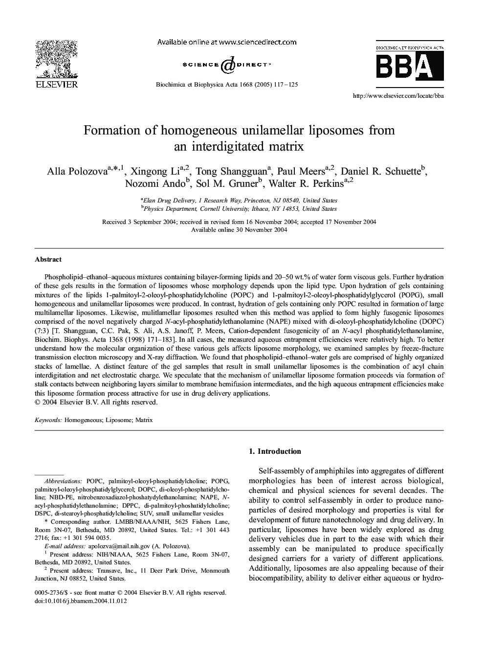 Formation of homogeneous unilamellar liposomes from an interdigitated matrix