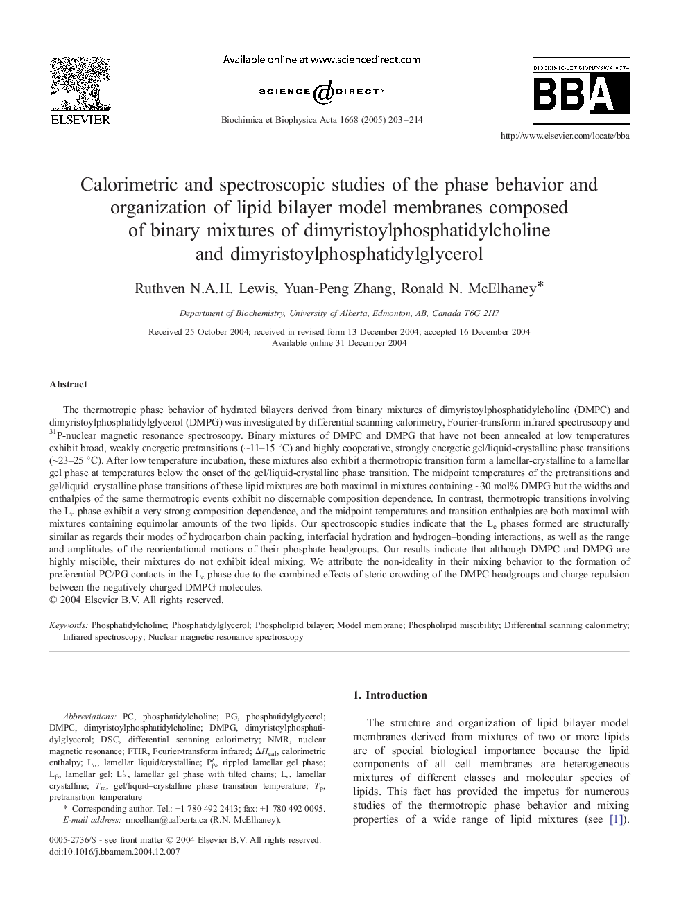 Calorimetric and spectroscopic studies of the phase behavior and organization of lipid bilayer model membranes composed of binary mixtures of dimyristoylphosphatidylcholine and dimyristoylphosphatidylglycerol