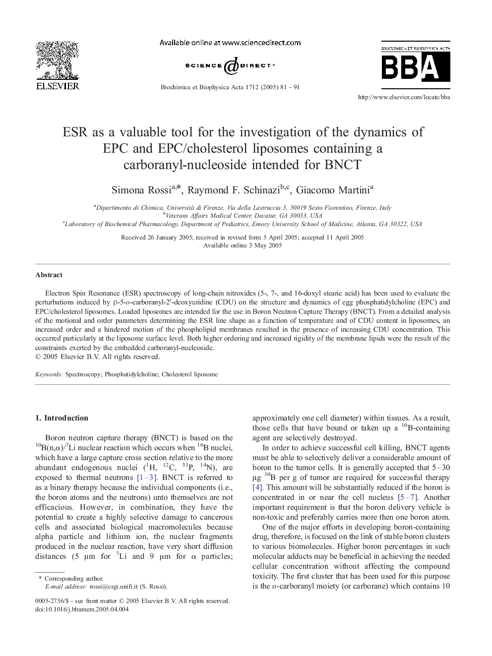 ESR as a valuable tool for the investigation of the dynamics of EPC and EPC/cholesterol liposomes containing a carboranyl-nucleoside intended for BNCT