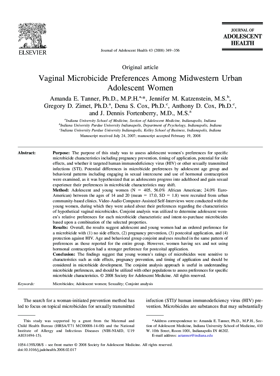 Vaginal Microbicide Preferences Among Midwestern Urban Adolescent Women 