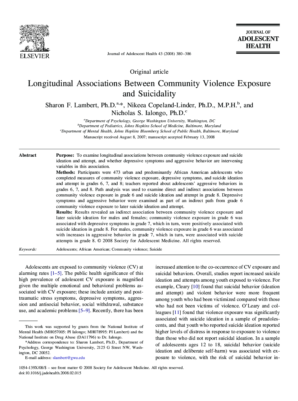 Longitudinal Associations Between Community Violence Exposure and Suicidality 