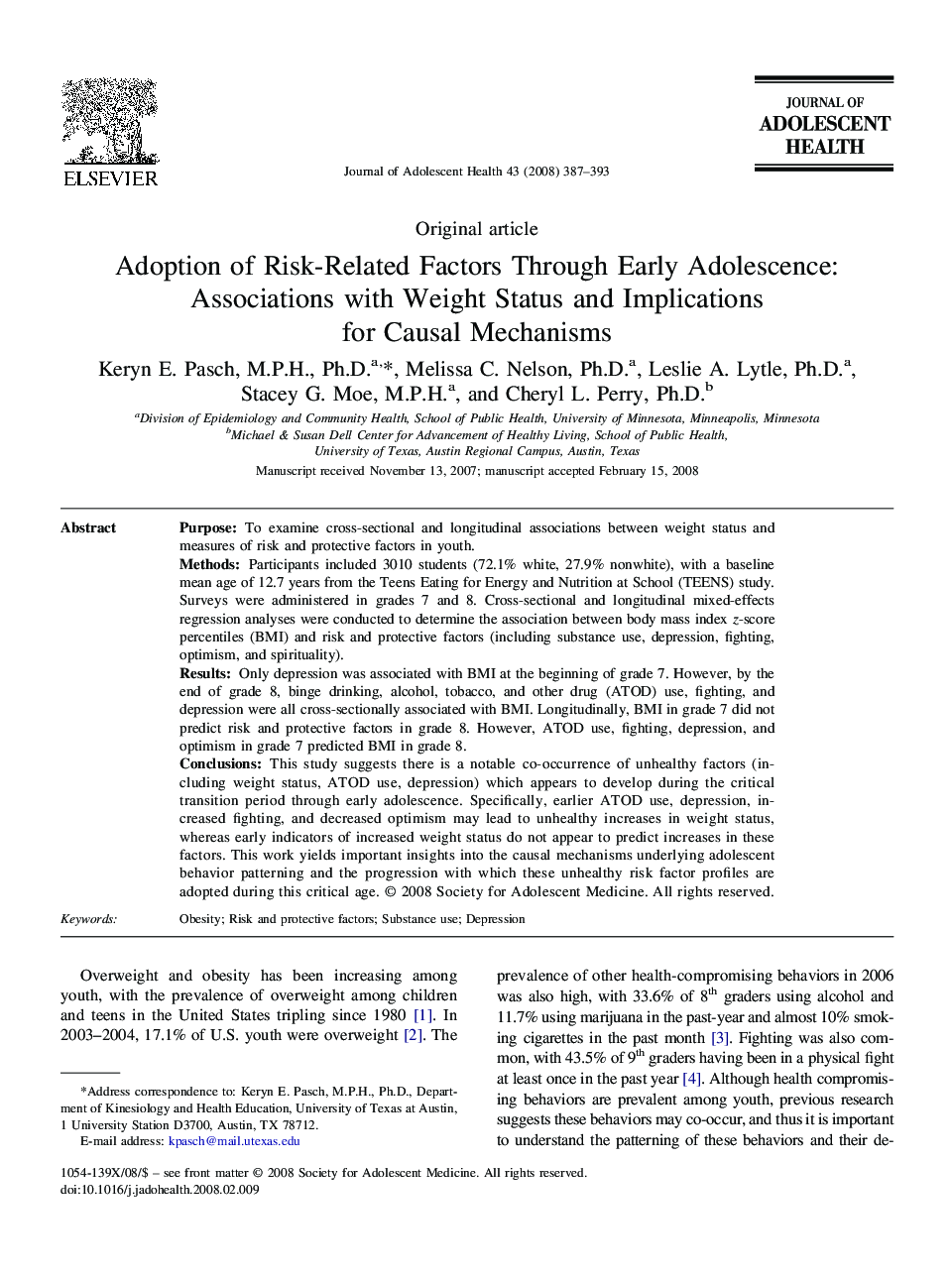 Adoption of Risk-Related Factors Through Early Adolescence: Associations with Weight Status and Implications for Causal Mechanisms