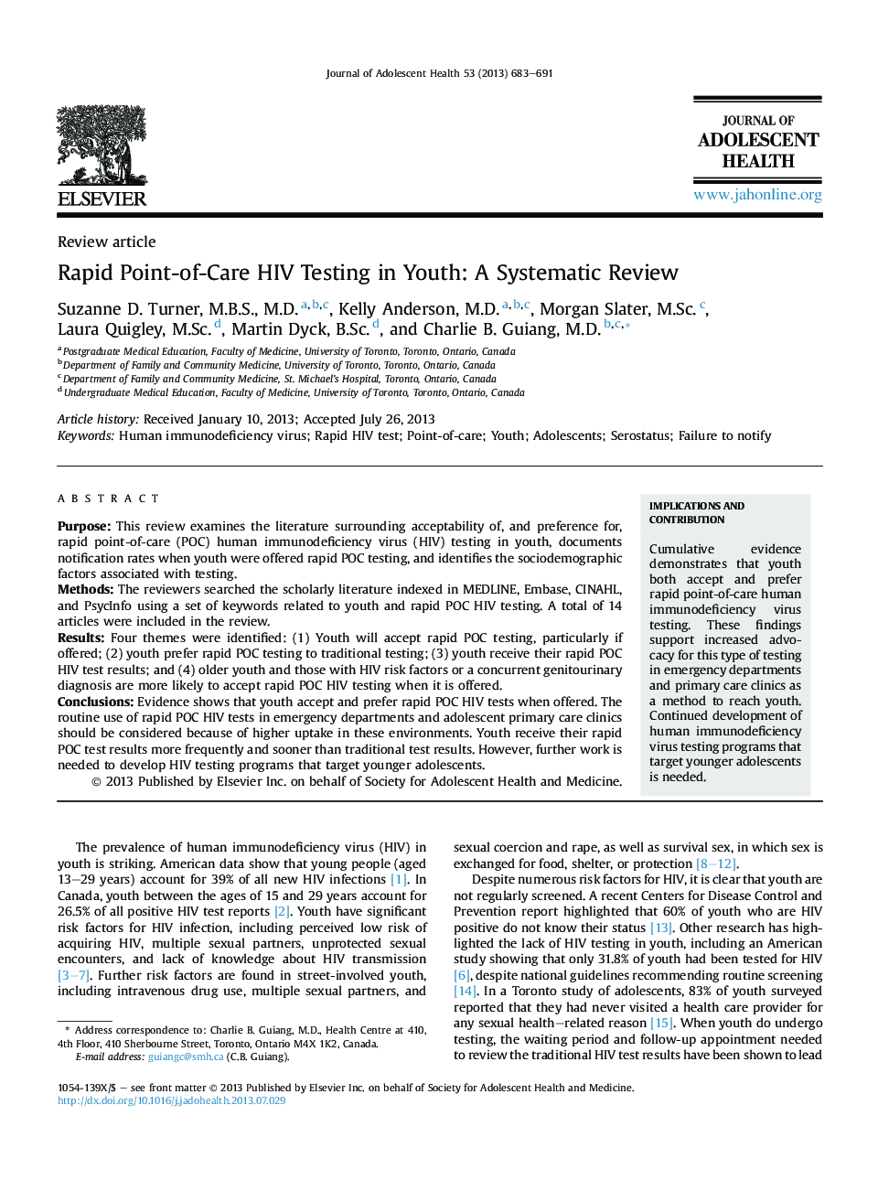 Rapid Point-of-Care HIV Testing in Youth: A Systematic Review