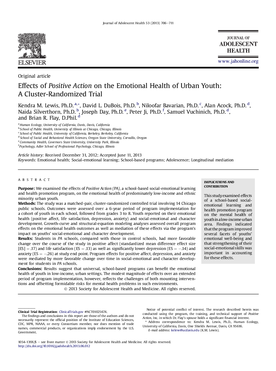 Effects of Positive Action on the Emotional Health of Urban Youth: A Cluster-Randomized Trial 