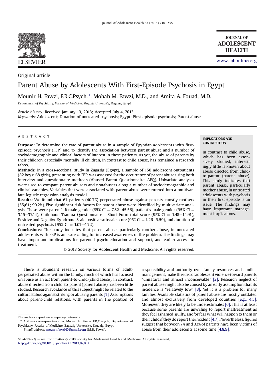 Parent Abuse by Adolescents With First-Episode Psychosis in Egypt 