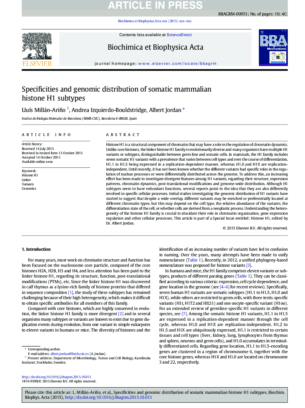 Specificities and genomic distribution of somatic mammalian histone H1 subtypes