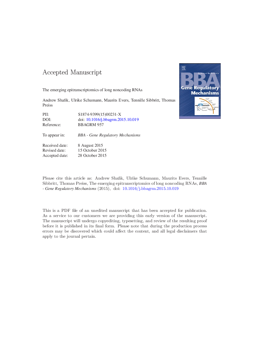 The emerging epitranscriptomics of long noncoding RNAs