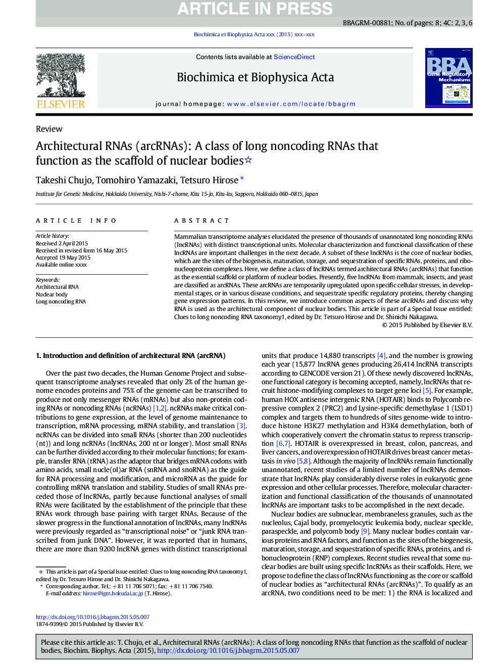 Architectural RNAs (arcRNAs): A class of long noncoding RNAs that function as the scaffold of nuclear bodies