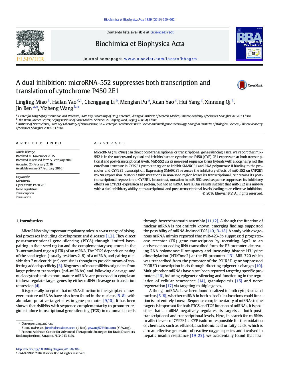 A dual inhibition: microRNA-552 suppresses both transcription and translation of cytochrome P450 2E1