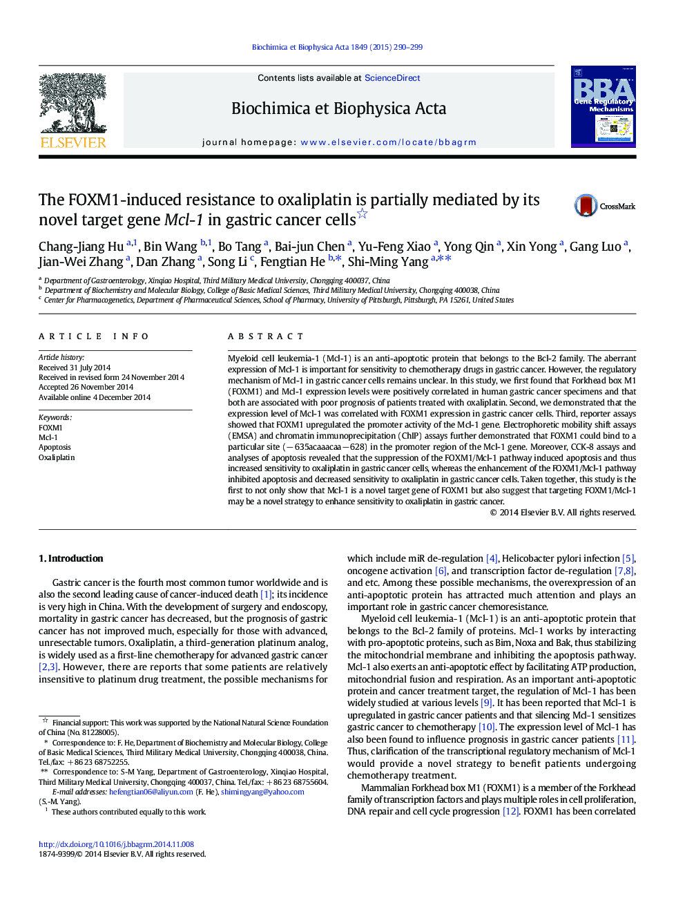 The FOXM1-induced resistance to oxaliplatin is partially mediated by its novel target gene Mcl-1 in gastric cancer cells