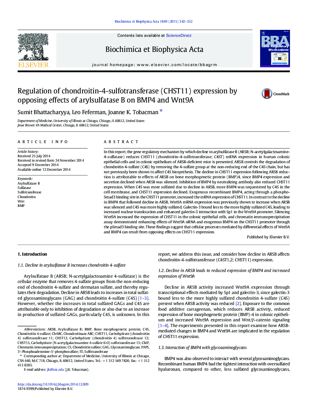 Regulation of chondroitin-4-sulfotransferase (CHST11) expression by opposing effects of arylsulfatase B on BMP4 and Wnt9A