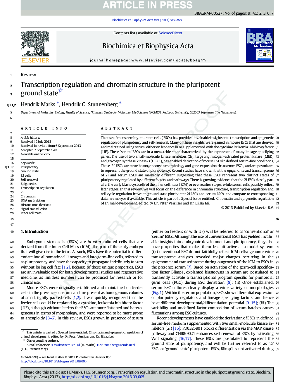 Transcription regulation and chromatin structure in the pluripotent ground state