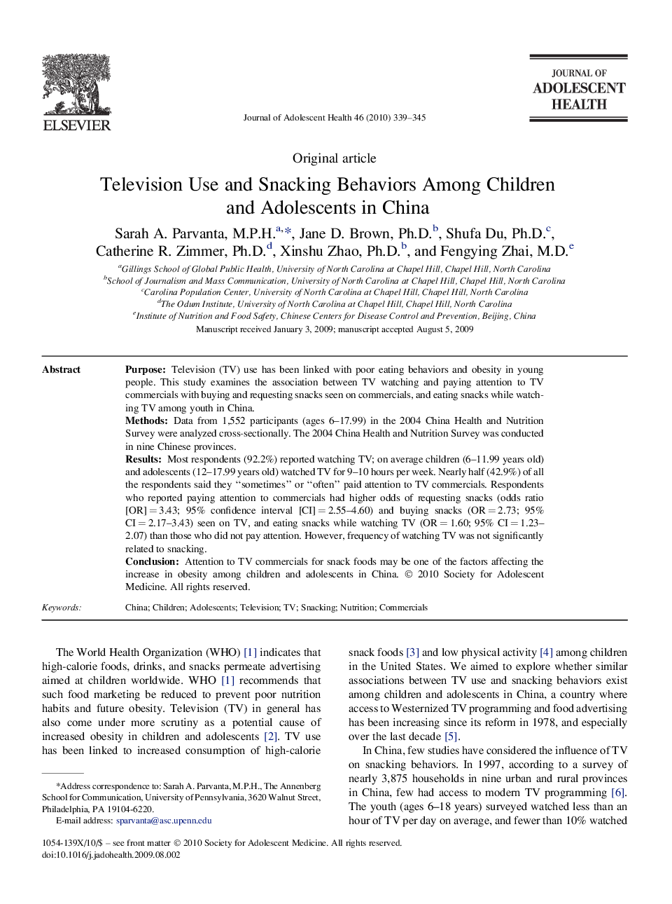 Television Use and Snacking Behaviors Among Children and Adolescents in China