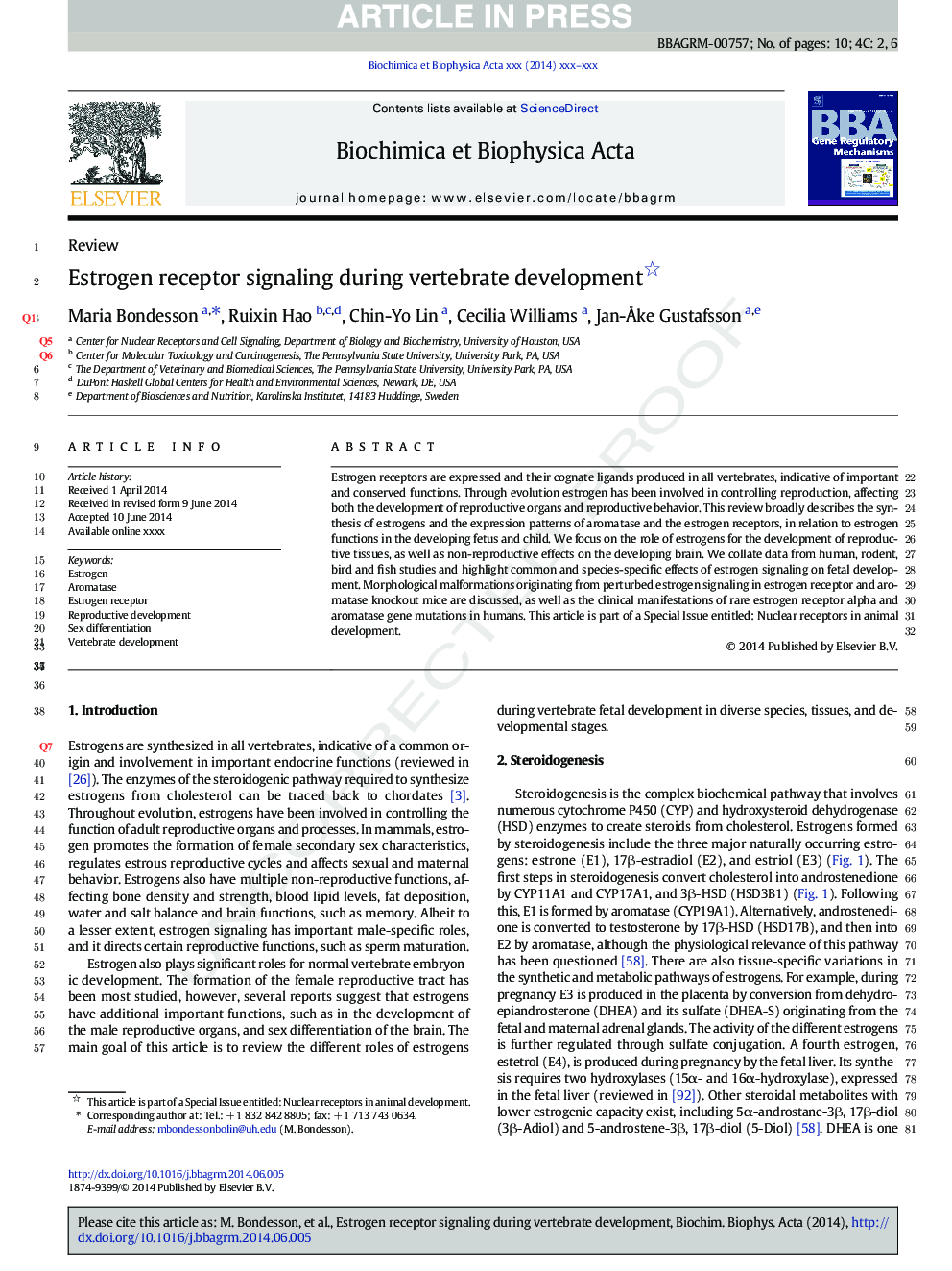 Estrogen receptor signaling during vertebrate development