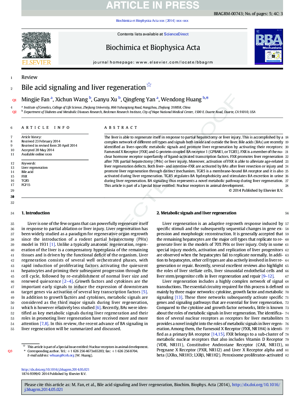 Bile acid signaling and liver regeneration