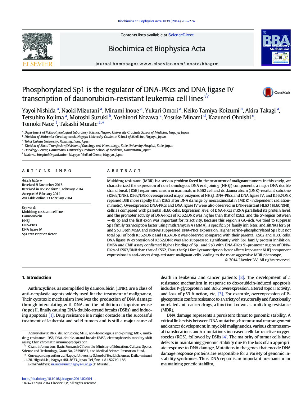 Phosphorylated Sp1 is the regulator of DNA-PKcs and DNA ligase IV transcription of daunorubicin-resistant leukemia cell lines