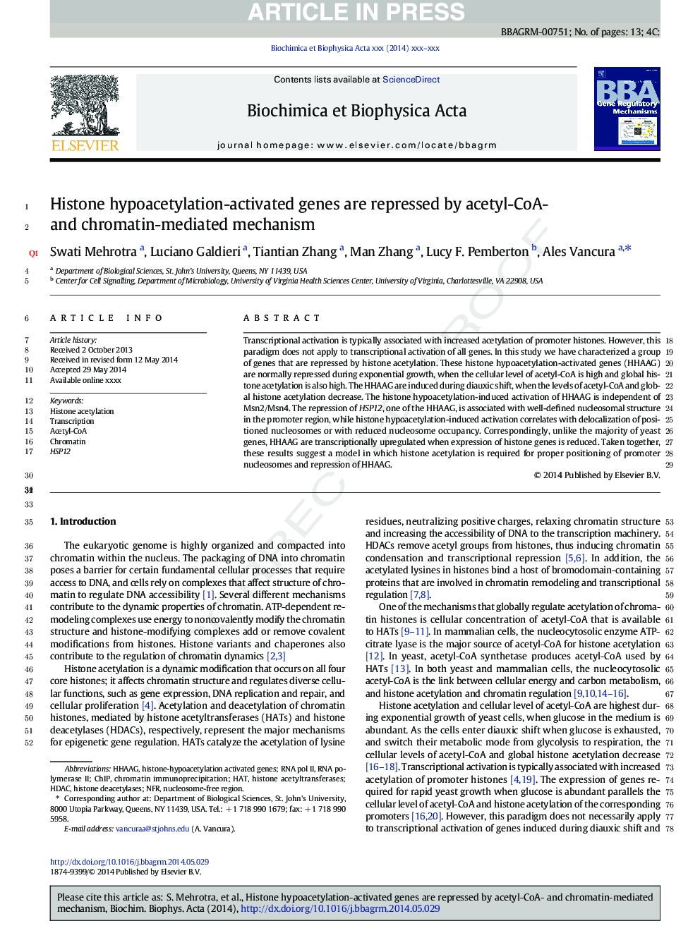 Histone hypoacetylation-activated genes are repressed by acetyl-CoA- and chromatin-mediated mechanism